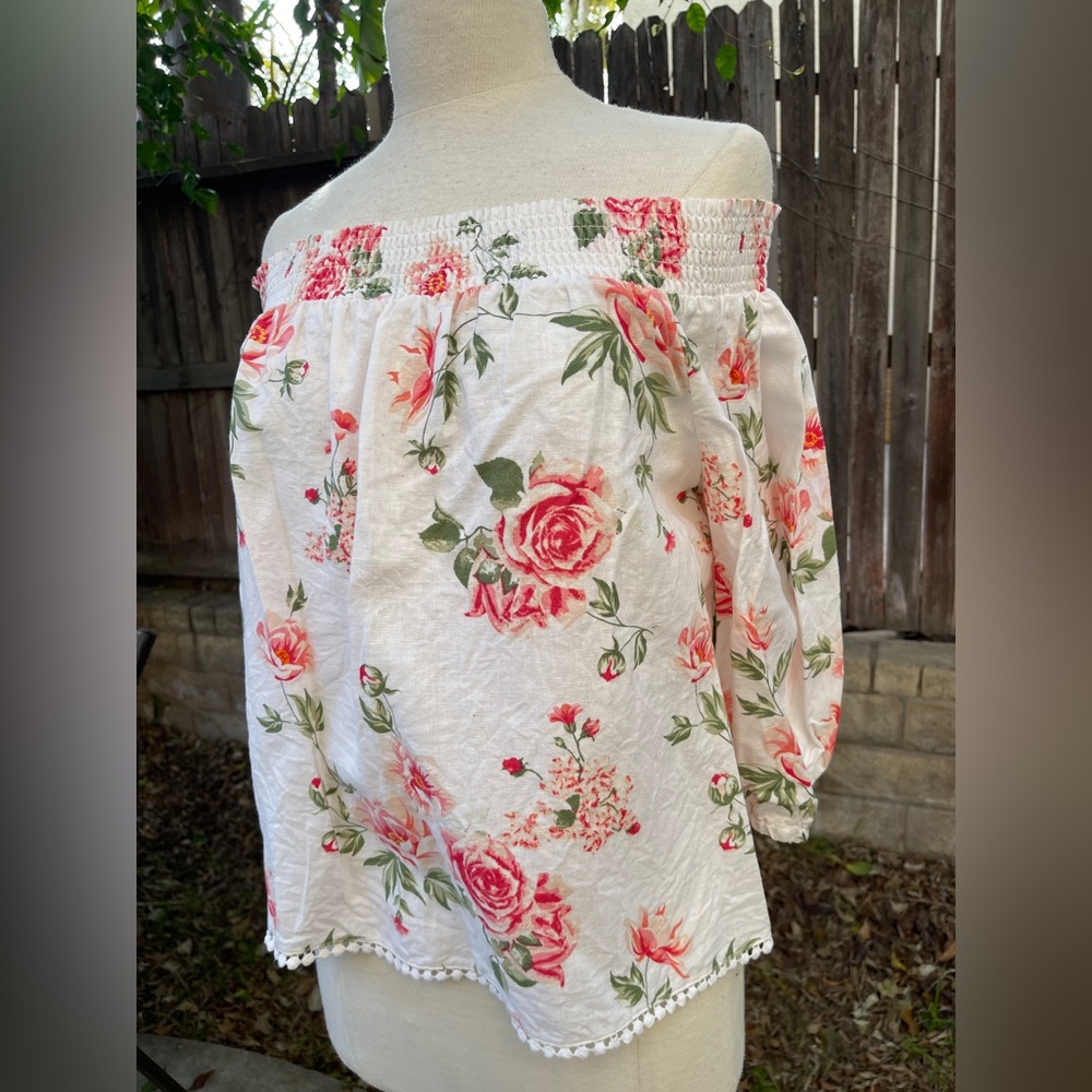 Zara Floral Blouse White and Pink off shoulder romantic festival boho bohemian M